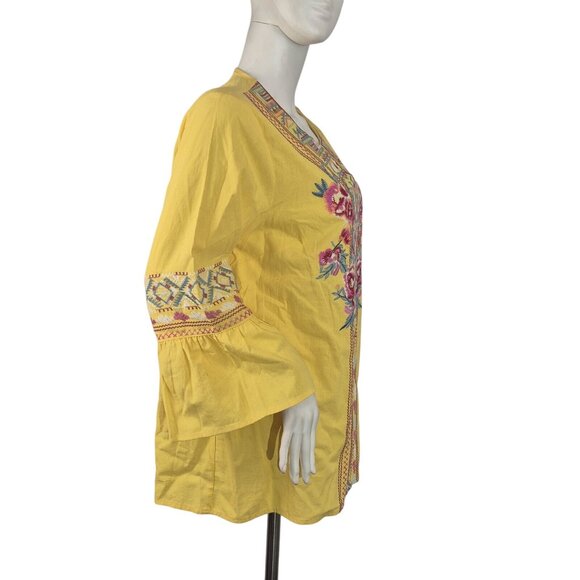 Calessa Women's Blouse Size L Boho  V-Neck Long Sleeve Yellow Embroidered (53) - Picture 3 of 11